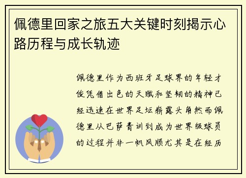 佩德里回家之旅五大关键时刻揭示心路历程与成长轨迹